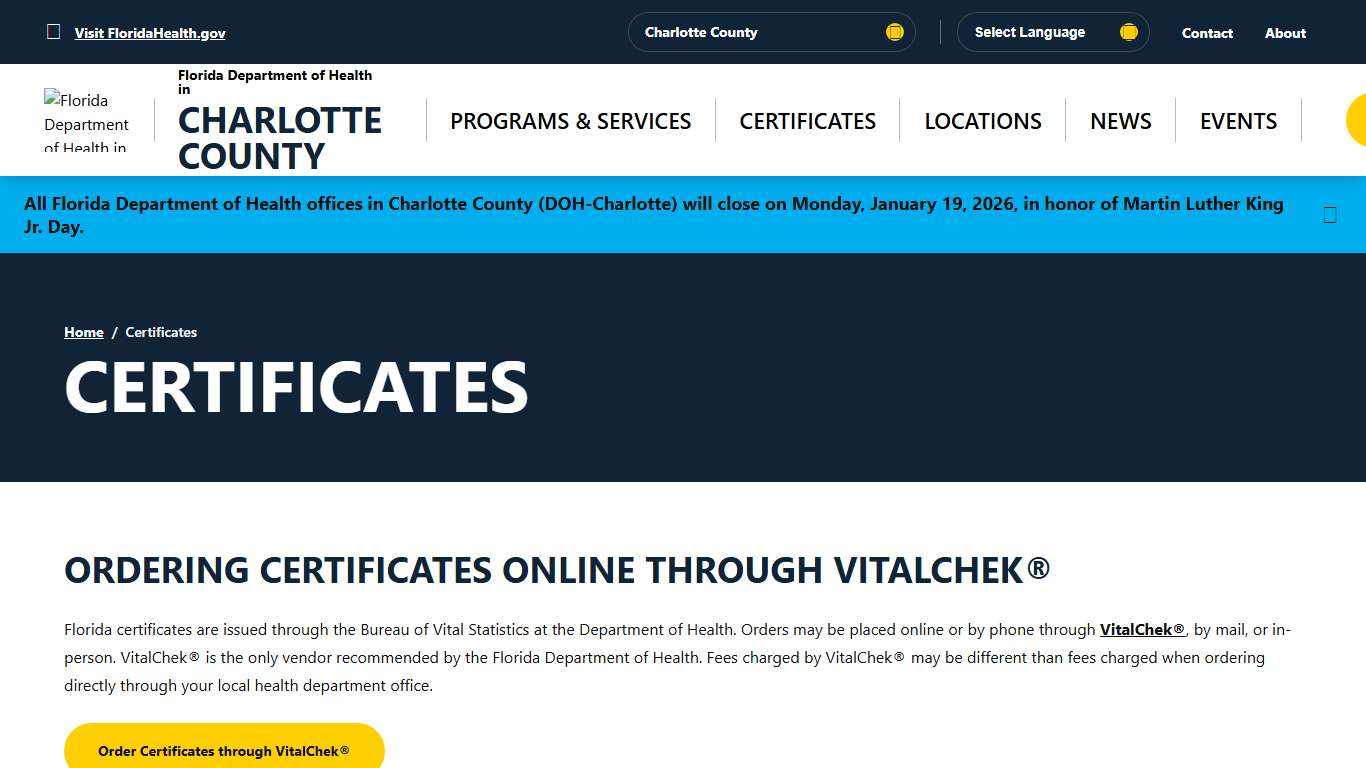 Certificates - Florida Department of Health in Charlotte County